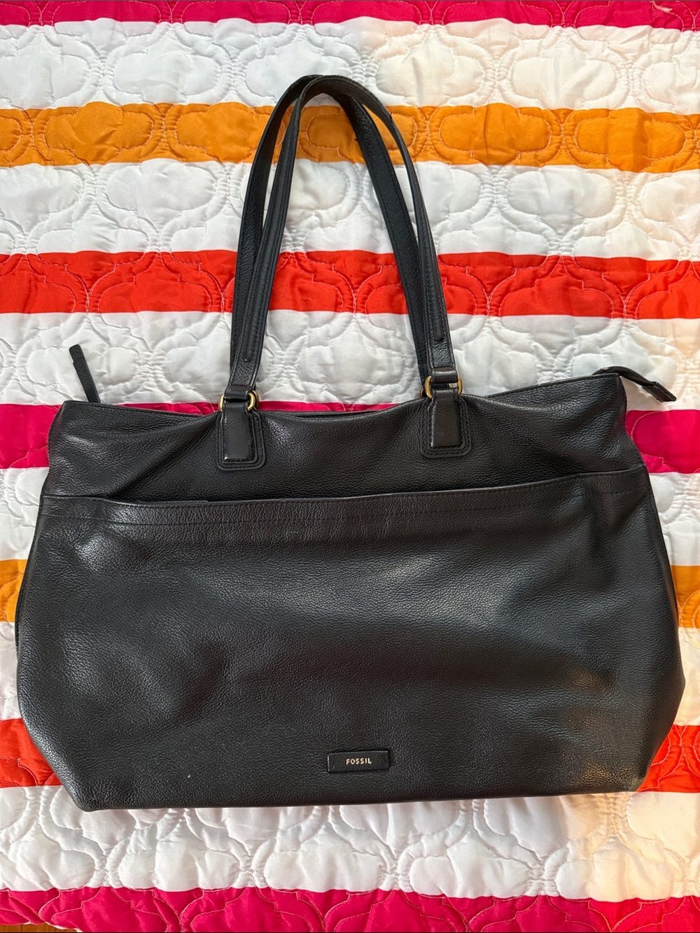 Fossil Black Pebbled Leather Tote with Dual Straps